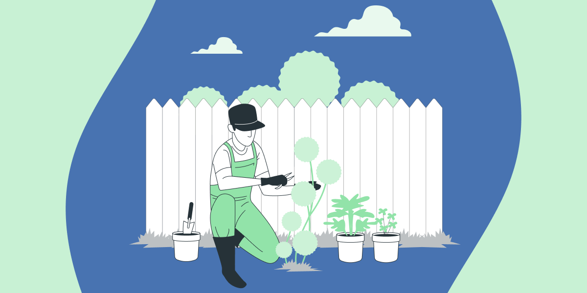 Illustration of a man doing landscaping. 
