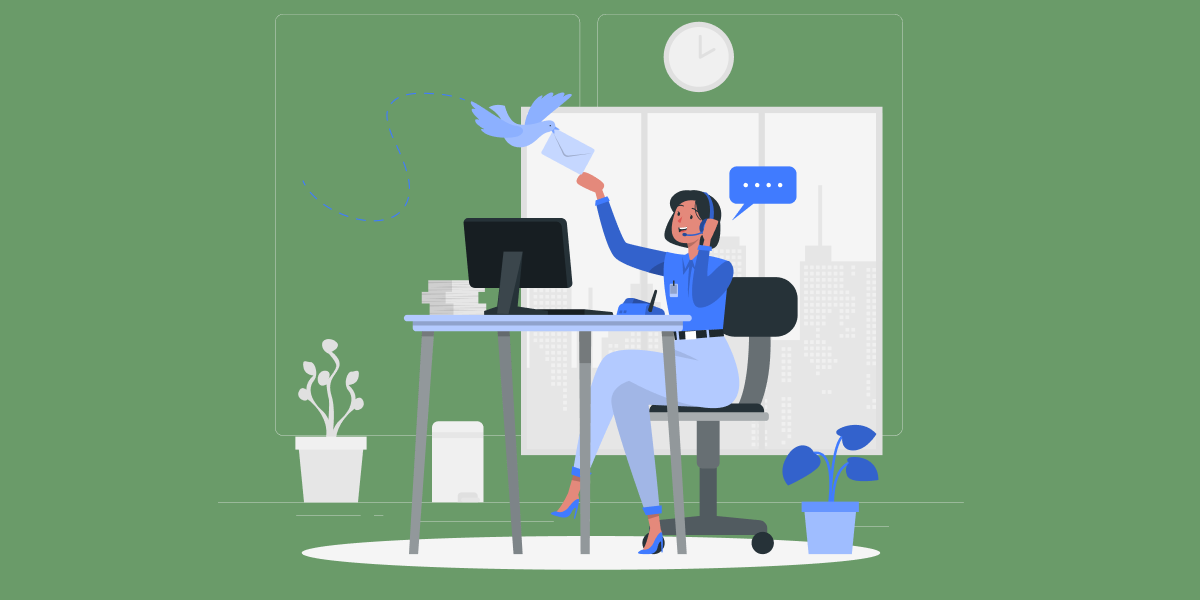 Illustration of a sitting woman working on a laptop and communicating with someone. 