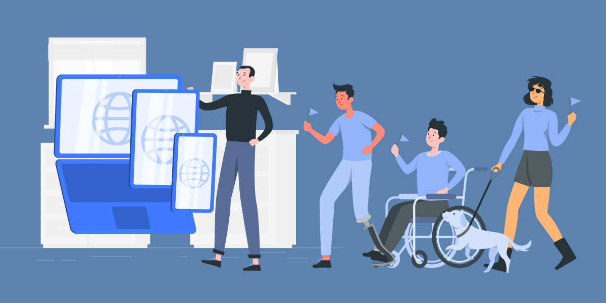 Illustration of laptop and tablets with website, a man and people with disabilities. 