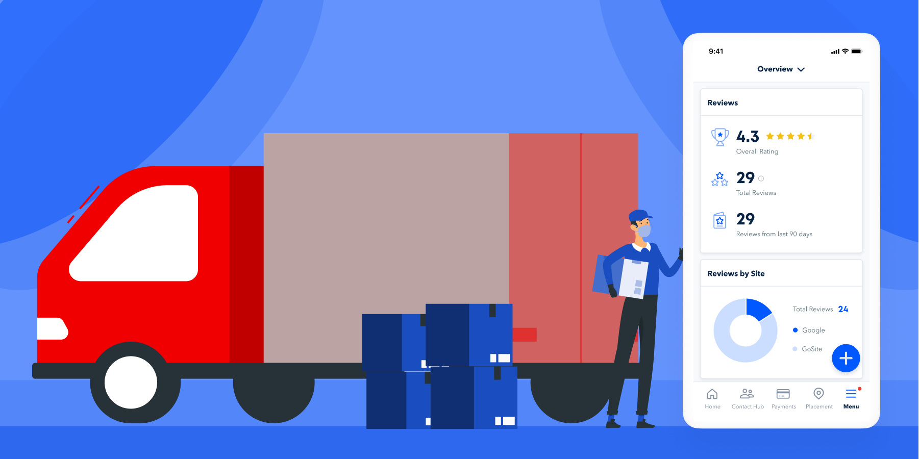 Illustration of a delivery truck, boxes, delivery guy and mobile phone showing Reviews on GoSite app.