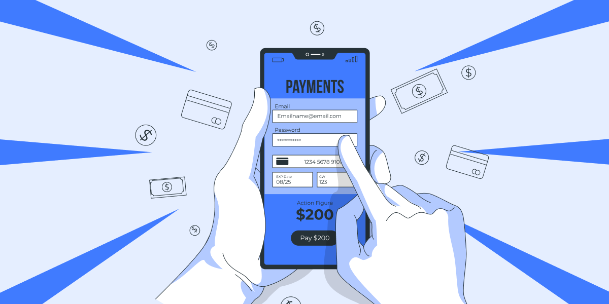 Illustration of hand holding a mobile phone showing a Payment App. 