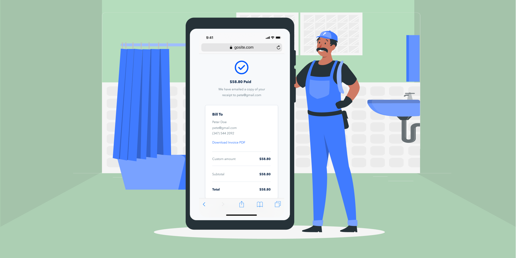 Illustration of a plumber beside a mobile phone showing GoSite invoice